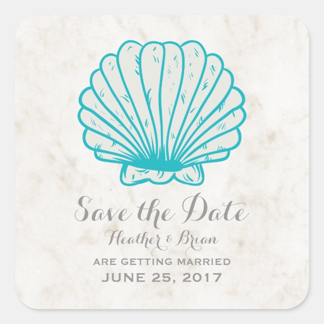 Turquoise Rustic Seashell Save the Date Square Sticker (Front)