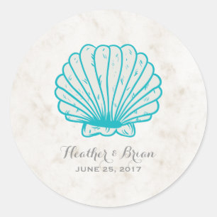 Turquoise Rustic Seashell Wedding Classic Round Sticker