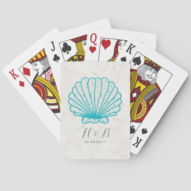 Turquoise Rustic Seashell Wedding Playing Cards (Back)