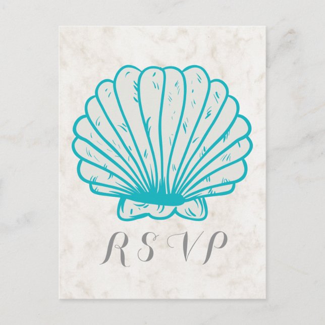Turquoise Rustic Seashell Wedding RSVP Postcard (Front)