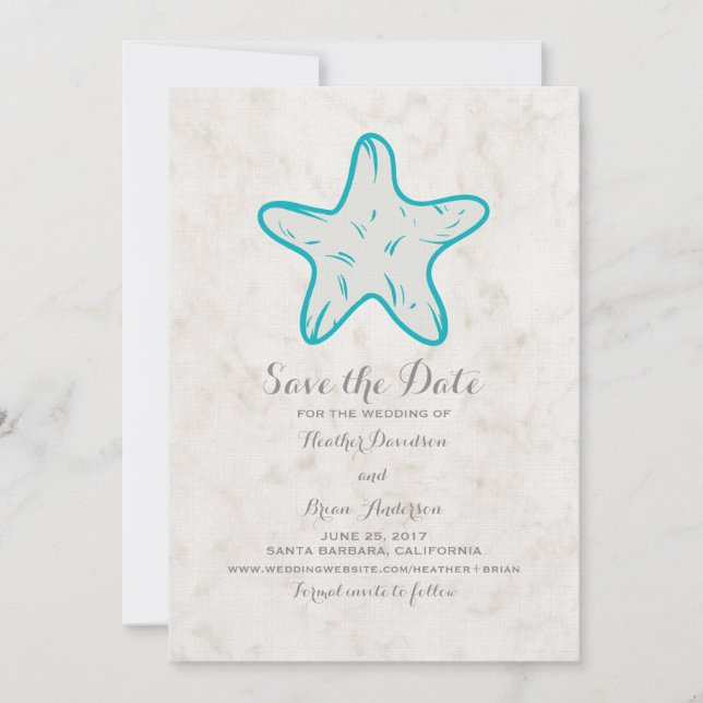 Turquoise Rustic Starfish Save the Date Invite (Front)