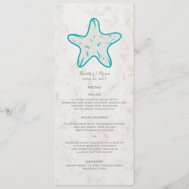 Turquoise Rustic Starfish Wedding Menu (Front)