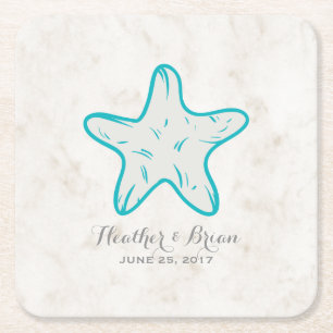 Turquoise Rustic Starfish Wedding Square Paper Coaster