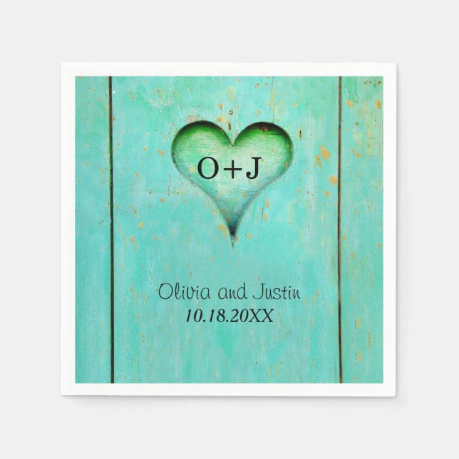 Turquoise Rustic Wood Monogrammed Heart Napkin (Front)