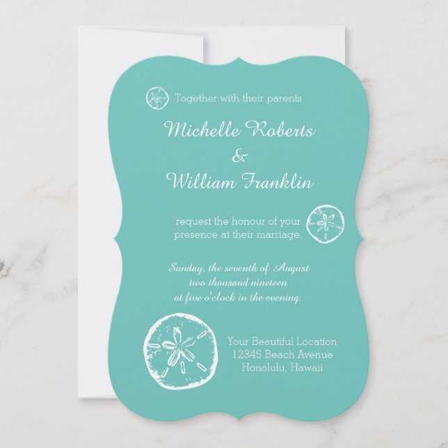 Turquoise sand dollar beach wedding invitations (Front)