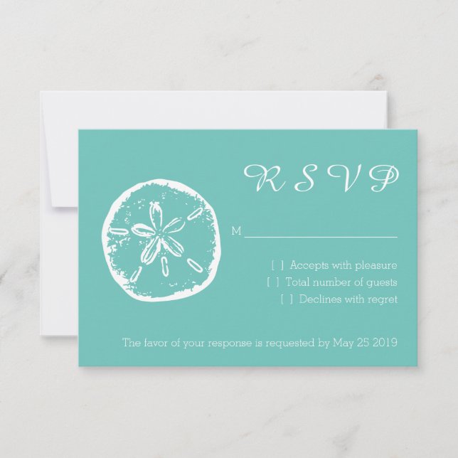Turquoise sand dollar RSVP beach wedding cards (Front)