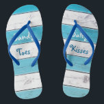 Turquoise Sandy Toes Salty Kisses Jandals<br><div class="desc">These cute flip flops are accented with the saying,  "Sandy Toes Salty Kisses" on a turquoise and white striped background,  making them a perfect wedding accessory for the bride or wedding favour for the tropical,  beach,  nautical or destination wedding. Scroll down to see the coordinating tank top.</div>