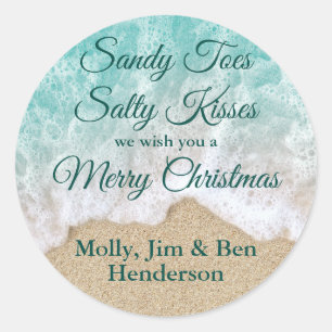 Turquoise Sandy Toes Salty Kisses Merry Christmas Classic Round Sticker