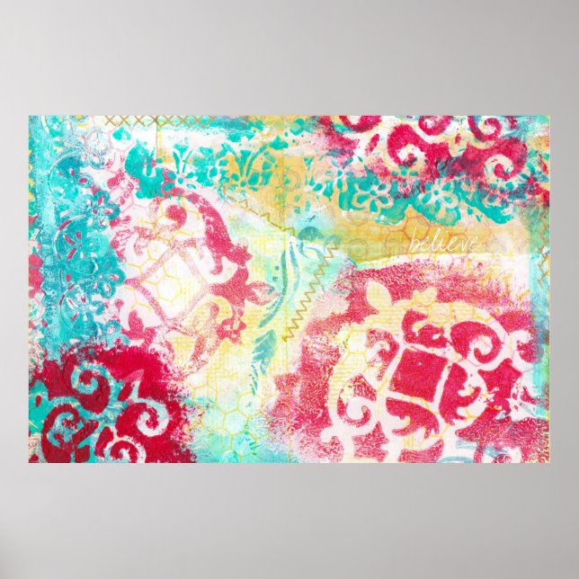 Turquoise & Scarlet Mixed Media Painting with Word Poster (Front)