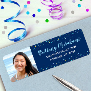 Turquoise script navy graduation photo address