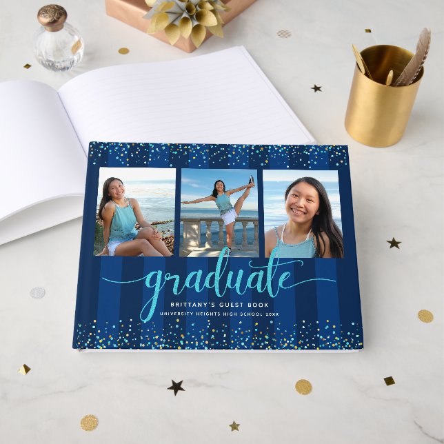 Turquoise script on navy graduation photo collage guest book (Front Open)
