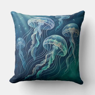 Turquoise Sea Teal Green Jellyfish Coastal Decor Cushion