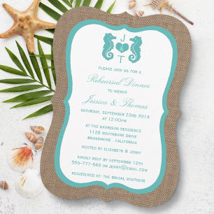 Turquoise Seahorse Burlap Beach Rehearsal Dinner Invitation