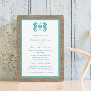 Turquoise Seahorse Burlap Beach Rehearsal Dinner Invitation
