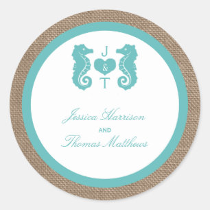 Turquoise Seahorse Burlap Beach Wedding Collection Classic Round Sticker