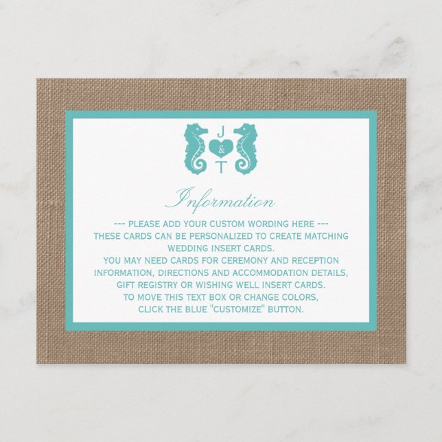 Turquoise Seahorse Burlap Beach Wedding Collection Enclosure Card (Front)