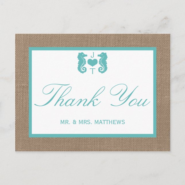 Turquoise Seahorse Burlap Beach Wedding Collection Postcard (Front)