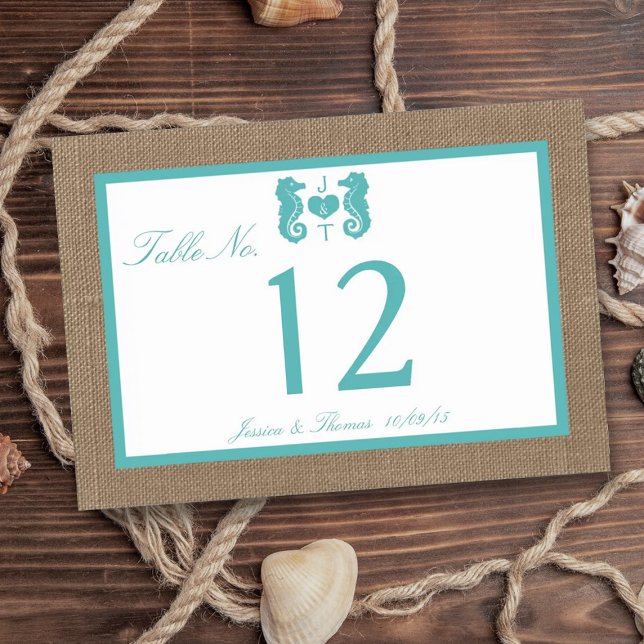 Turquoise Seahorse Burlap Beach Wedding Collection Table Number (Creator Uploaded)
