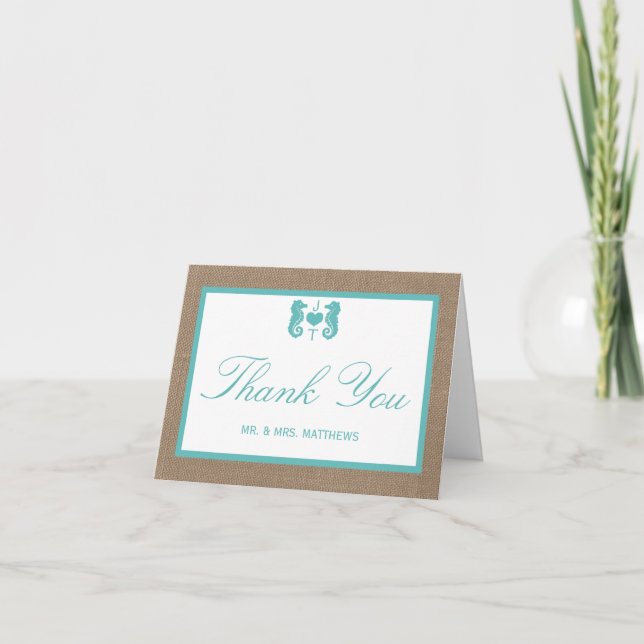 Turquoise Seahorse Burlap Beach Wedding Collection Thank You Card (Front)