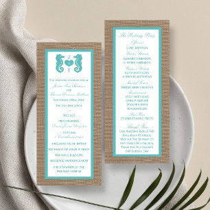 Turquoise Seahorse Burlap Beach Wedding Program Rack Card