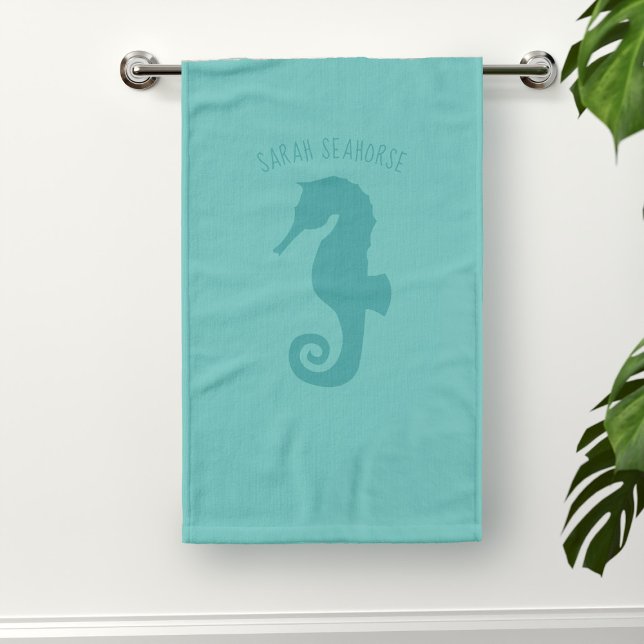 Turquoise Seahorse Hand Towel (A serene seahorse swimming in an aqua blue ocean. Just add your name)