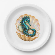 Turquoise Seahorse in Pearl Shell Ocean Party Pape
