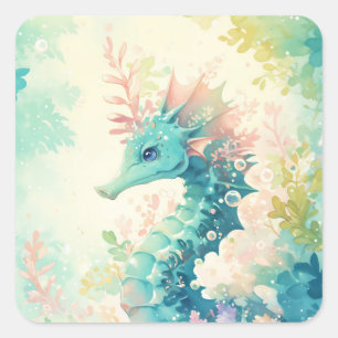 Turquoise Seahorse in Sun Drenched Botanical Square Sticker