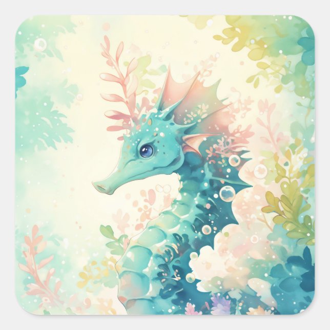 Turquoise Seahorse in Sun Drenched Botanical Square Sticker (Front)