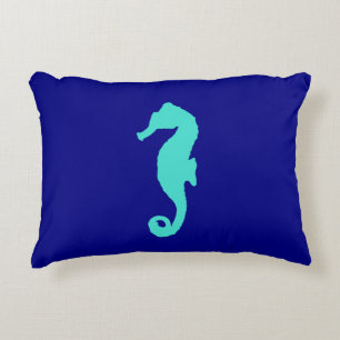 Turquoise Seahorse On Navy Blue Coastal Decor Decorative Cushion