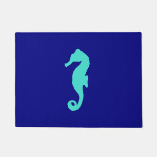 Turquoise Seahorse On Navy Blue Coastal Decor Doormat