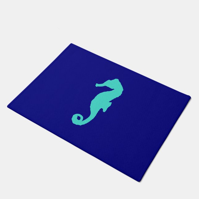 Turquoise Seahorse On Navy Blue Coastal Decor Doormat (Angled)