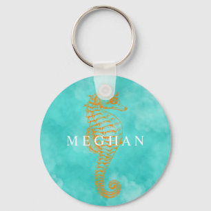 Turquoise Seahorse   Personalised Button Keychain