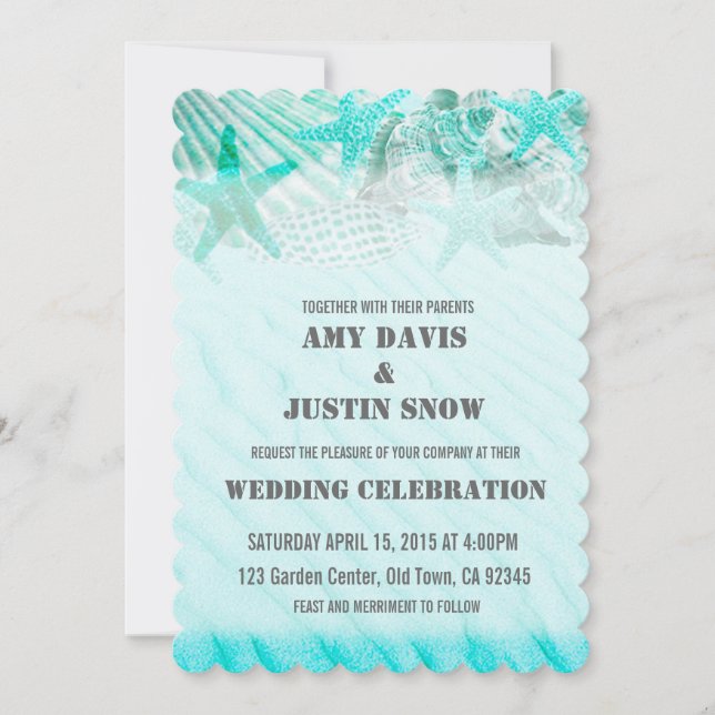 Turquoise seashell sand starfish wedding invites (Front)