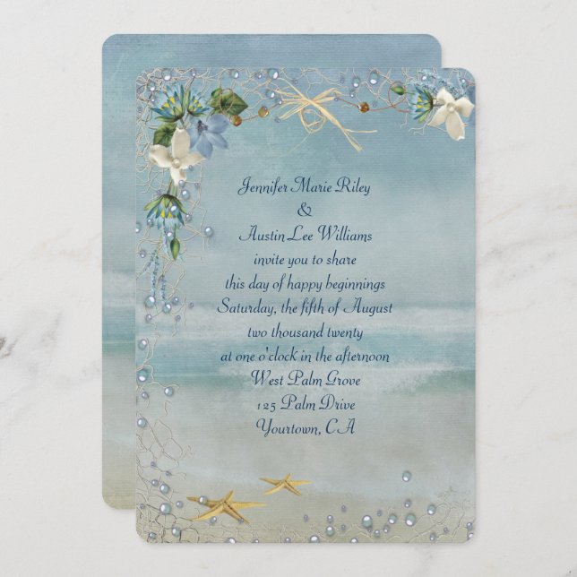 turquoise seashore with starfish and bubbles invitation (Front/Back)