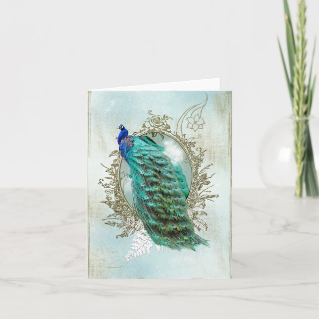 Turquoise Shabby Peacock Holiday Card (Front)
