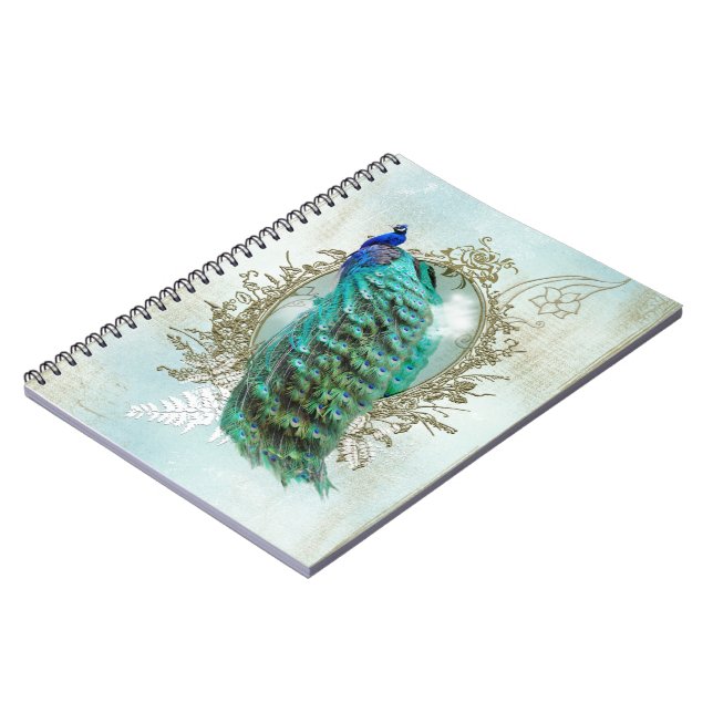Turquoise Shabby Peacock Spiral Notebook (Left Side)