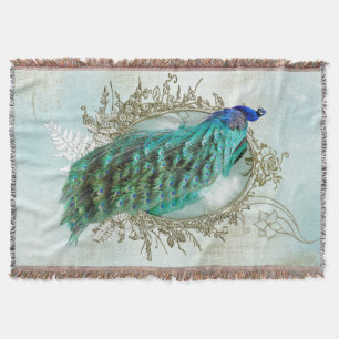 Turquoise Shabby Peacock Throw Blanket