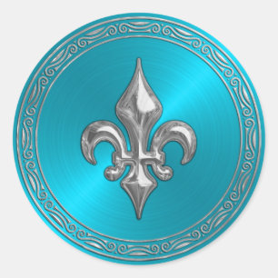 Turquoise Sheen and Silver Fleur de Lis Classic Round Sticker