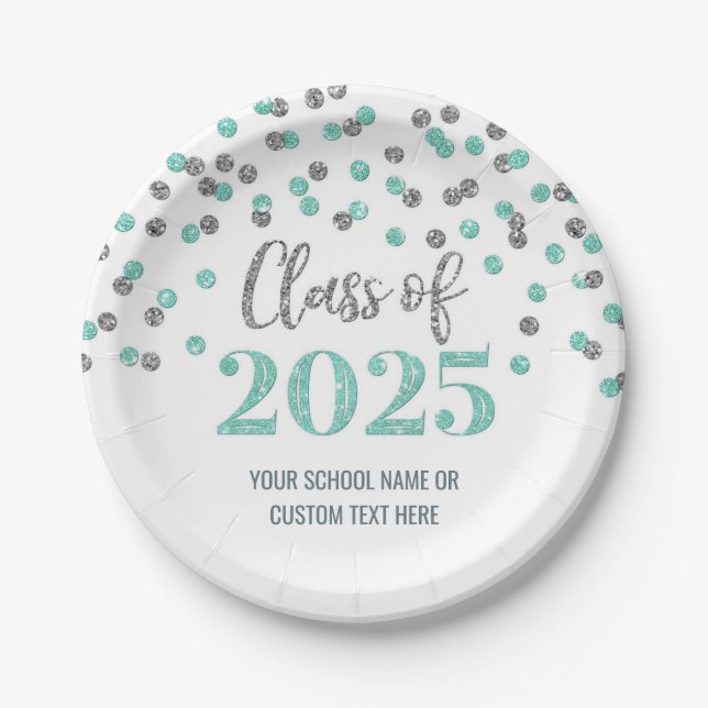 Turquoise Silver Confetti Graduation 2025 Paper Plate (Front)