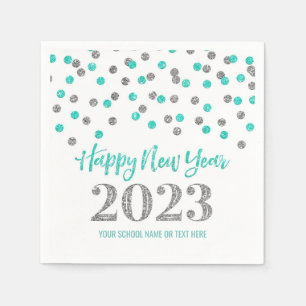 Turquoise Silver Confetti Happy New Year 2023 Napkin