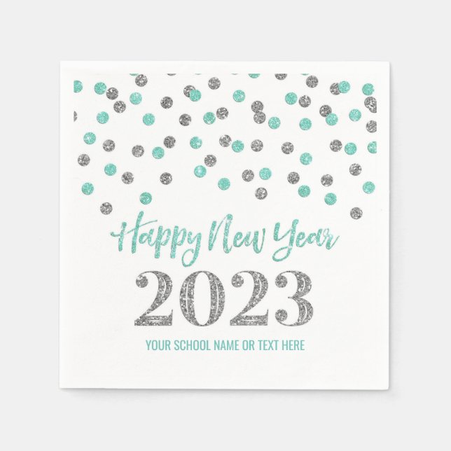 Turquoise Silver Confetti Happy New Year 2023 Napkin (Front)