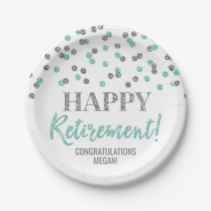 Turquoise Silver Confetti Happy Retirement Paper Plate