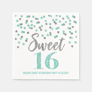 Turquoise Silver Confetti Sweet 16 Birthday Napkin