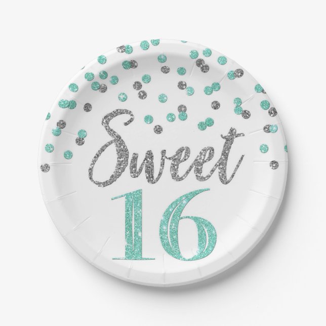 Turquoise Silver Confetti Sweet 16 Birthday Party Paper Plate (Front)