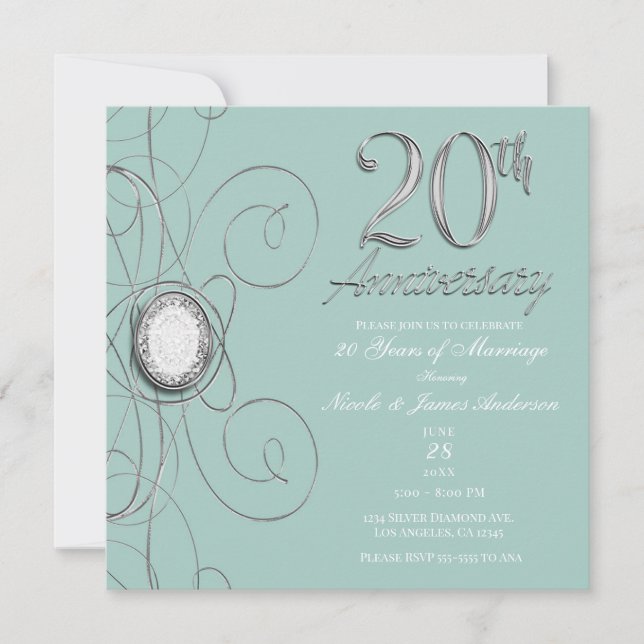 Turquoise Silver Diamond 20 20th Anniversary Party Invitation (Front)