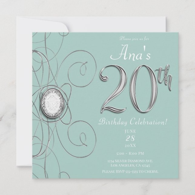 Turquoise Silver Diamond 20 20th Birthday Party Invitation (Front)
