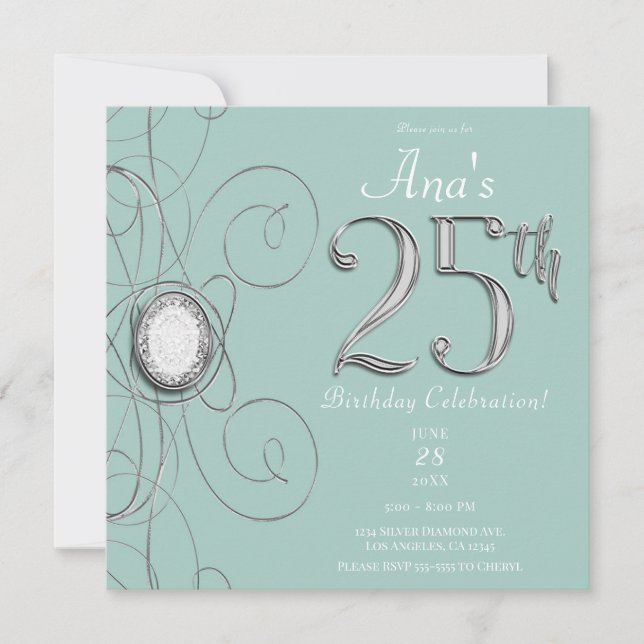 Turquoise Silver Diamond 25 25th Birthday Party Invitation (Front)