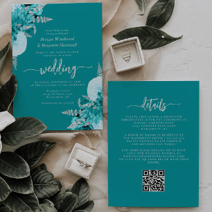 Turquoise Silver Floral QR Code Wedding Invitation