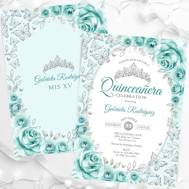 Turquoise Silver Floral Quinceanera Invitation (Creator Uploaded)