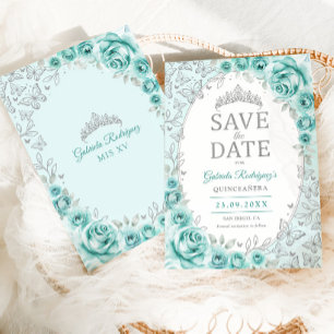 Turquoise Silver Floral Quinceanera Save The Date